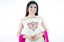 Load image into Gallery viewer, Cream &amp; Pink Color Semi Banaras Silk Lehenga Set
