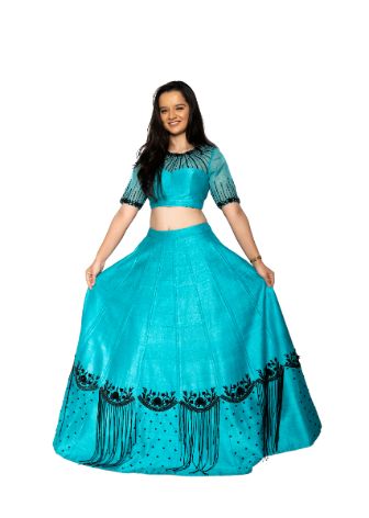 Light Blue With Black Embroidered Lehenga