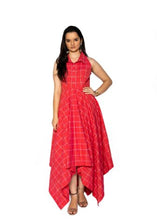 Load image into Gallery viewer, Cotton Red &amp; Gold Checkered High Low Dress
