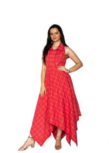 Load image into Gallery viewer, Cotton Red &amp; Gold Checkered High Low Dress
