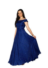 Load image into Gallery viewer, Blue Mirror Work With Gold Embroidered Off Shoulder Maxi Dress
