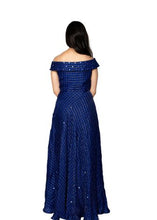 Load image into Gallery viewer, Blue Mirror Work With Gold Embroidered Off Shoulder Maxi Dress
