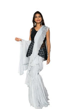 Load image into Gallery viewer, Satin Off-White Layered Saree With Black Embroidered Fusion Blouse
