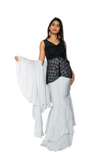Load image into Gallery viewer, Satin Off-White Layered Saree With Black Embroidered Fusion Blouse
