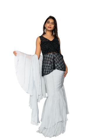 Satin Off-White Layered Saree With Black Embroidered Fusion Blouse