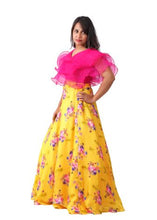 Load image into Gallery viewer, Fuschia Pink Orange Frill blouse With Yellow Floral Lehenga
