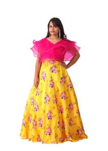 Load image into Gallery viewer, Fuschia Pink Orange Frill blouse With Yellow Floral Lehenga
