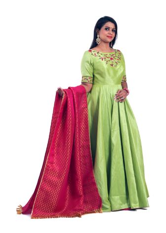 Lightgreen Raw Silk Dress & Red Banarasi Dupatta