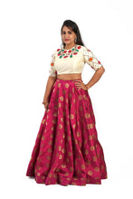 Load image into Gallery viewer, Off-White and Maroon Color Raw Silk Blouse and Lehenga Set
