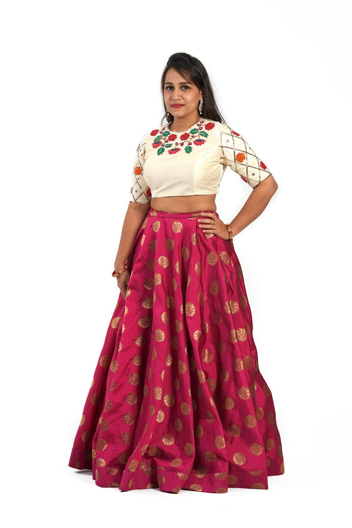 Off-White and Maroon Color Raw Silk Blouse and Lehenga Set