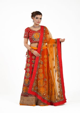 Red & Orange With Gold Embroidered Lehenga