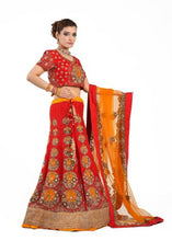 Load image into Gallery viewer, Red &amp; Orange With Gold Embroidered Lehenga
