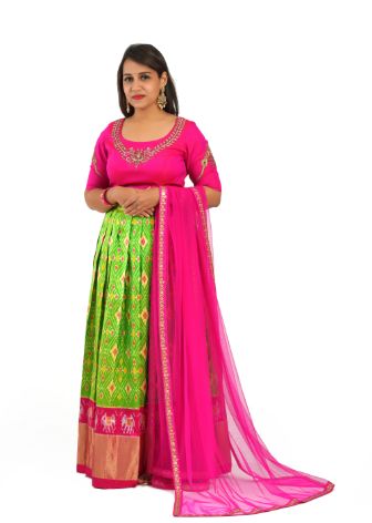 Traditional Ikkat Silk Soft Net Pink & Green Lehenga
