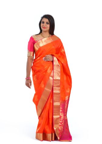 Traditional bright Orange And Hot pink Saree with Golden Embroidery