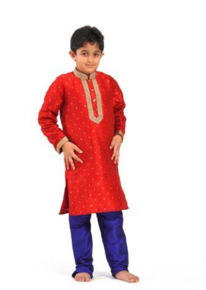Amazing Red & Blue Banaras Silk Kurta and Pyjama Set for Boys