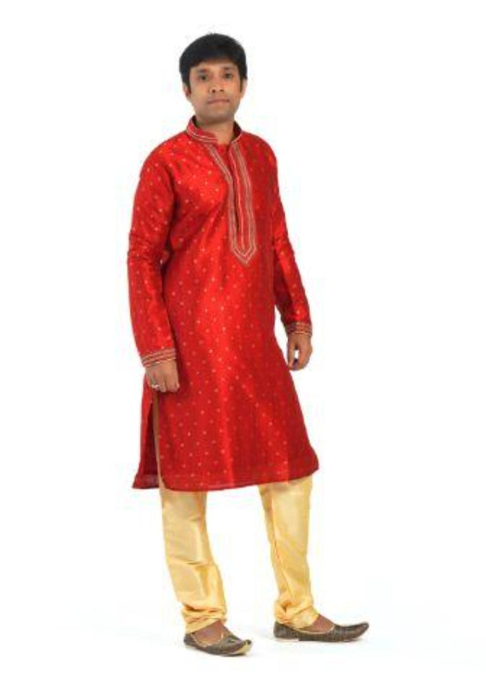 Red Brocade Kurta with Golden Churidar Pajama