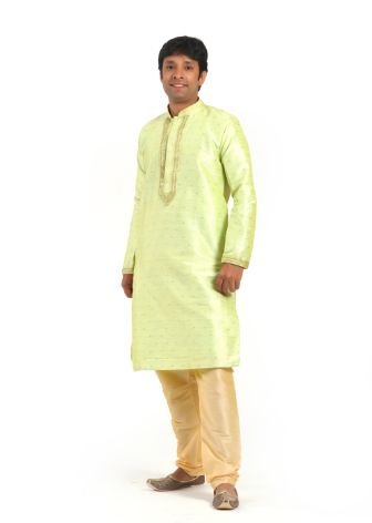 Pista-Green Kurta with Golden Churidar Pajama Traditional Kurta Set