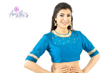 Load image into Gallery viewer, Blue High Neck Metal Beads Work Blouse
