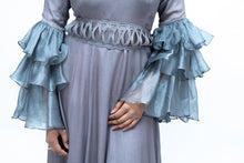 Load image into Gallery viewer, Gray Shimmer Satin Long gown With Long Ruffle Sleeves
