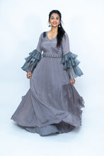Load image into Gallery viewer, Gray Shimmer Satin Long gown With Long Ruffle Sleeves
