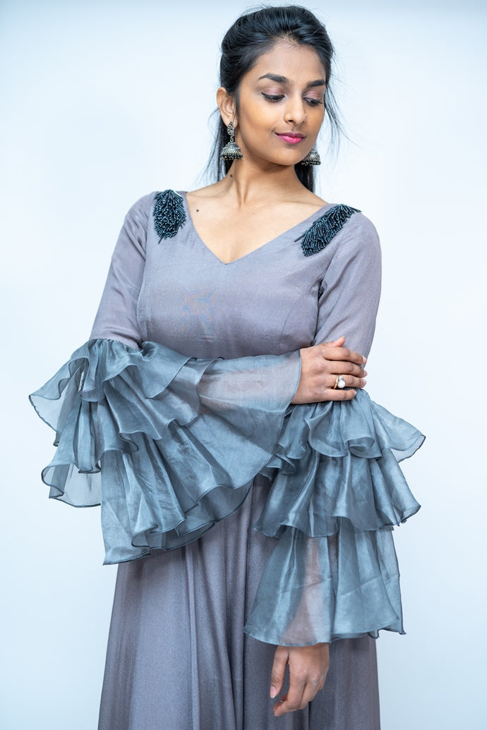 Gray Shimmer Satin Long gown With Long Ruffle Sleeves