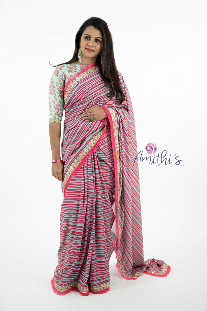 Latest Model Pink & Blue Strips Frill Designer Saree