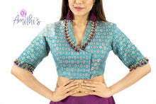 Load image into Gallery viewer, Blue Brocade Collar Emerald Work Blouse By Monk
