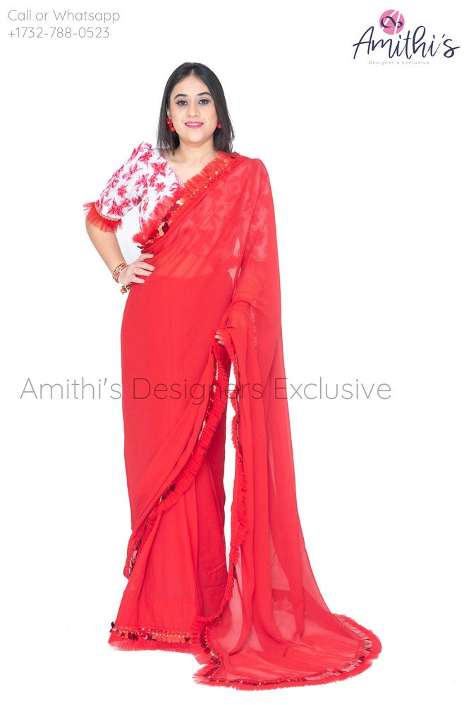 Red Color Georgette Saree With Floral Blouse