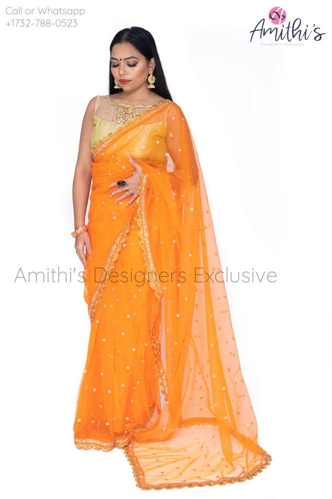 Bright Orange Color Sequence Net Saree With Gold Blouse