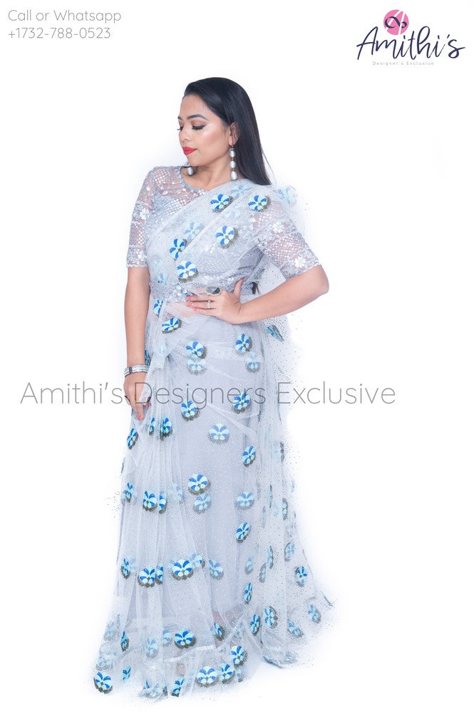 Party wear Gray & Blue Combo Shimmer Net Saree