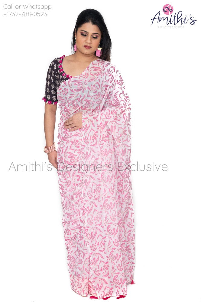 Pretty Pink Gorgette Saree With Black Work Blouse