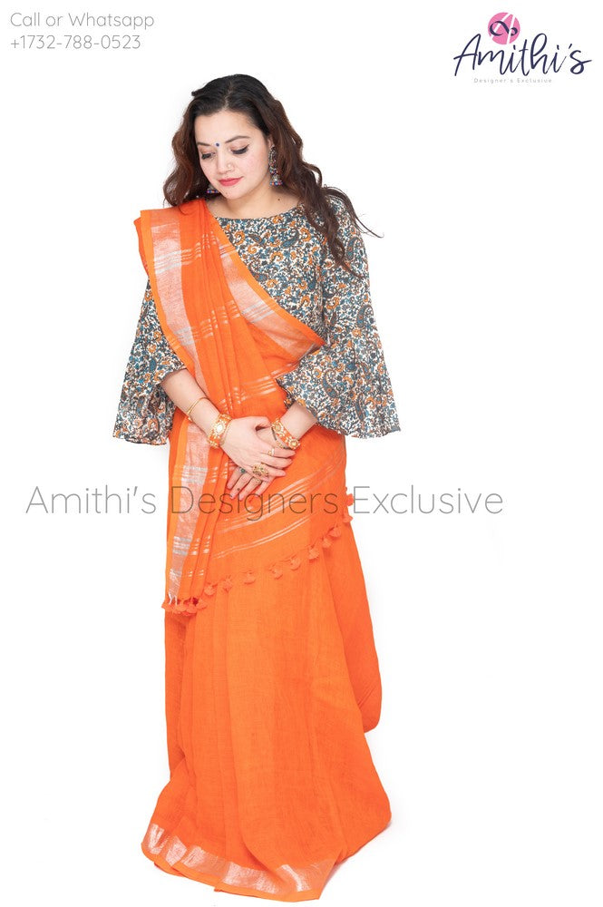 Orange Linen Saree With Kalamkari Blouse