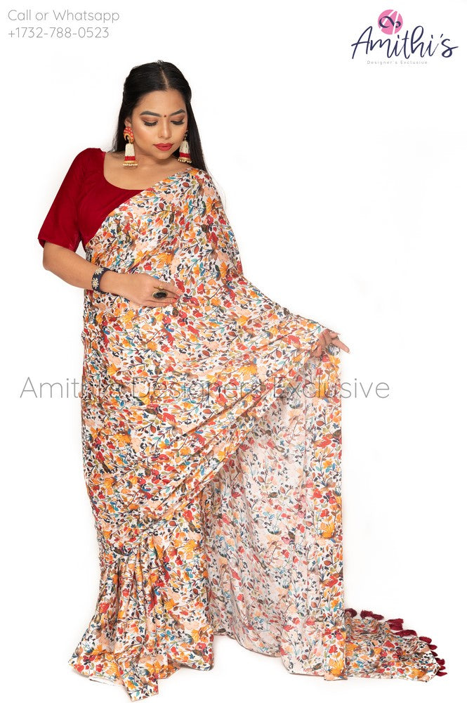 Soft Touch Printed Fall Colors Saree With Velvet Blouse