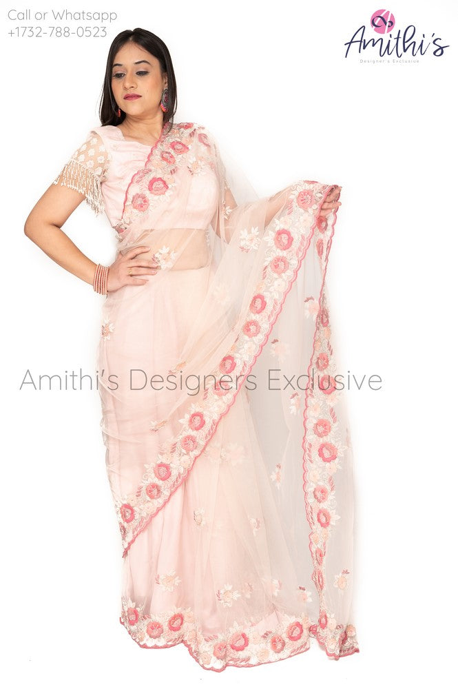 Blush Pink Floral Embroidery Work Saree With Stitched Blouse