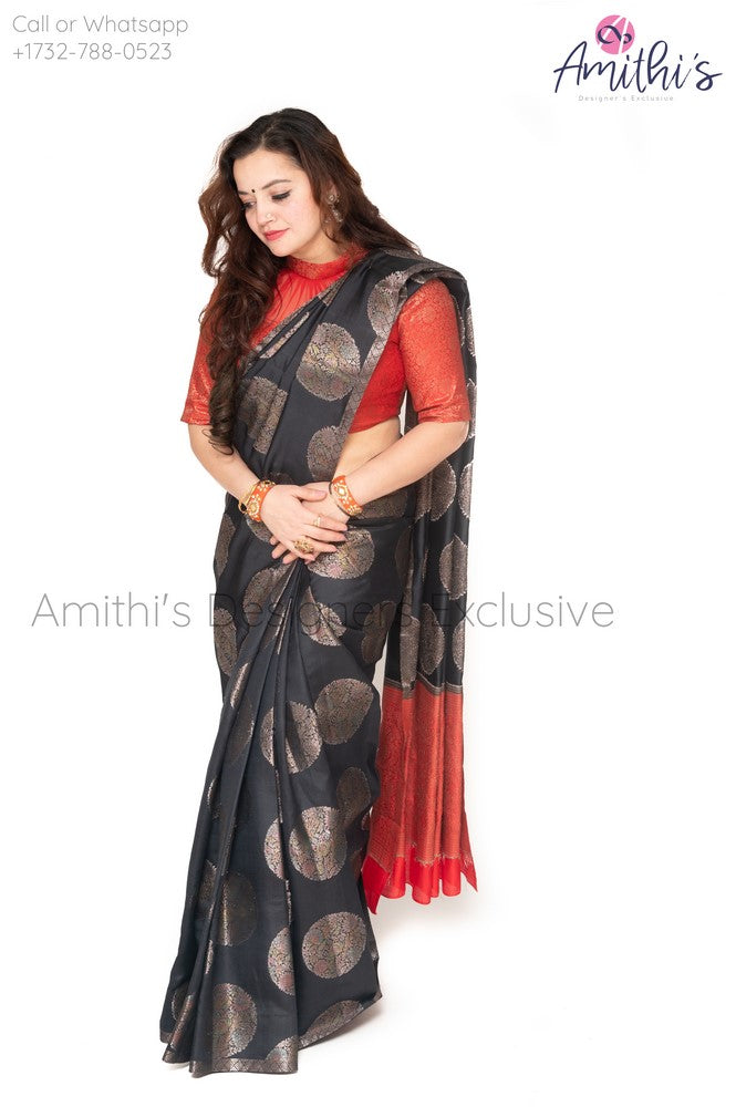 Black & Orange Soft Silk Saree