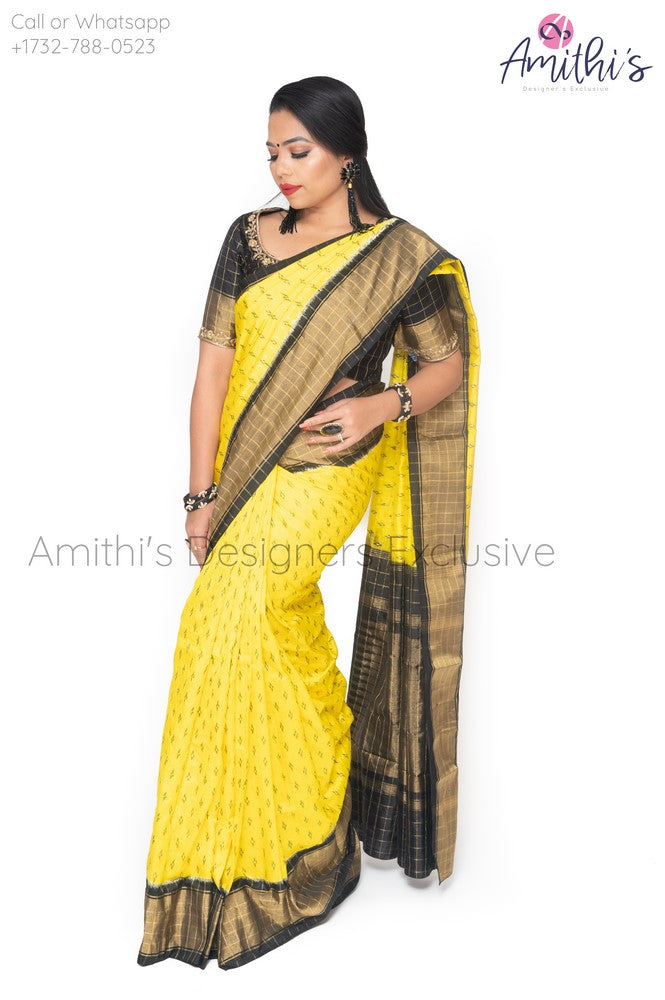 Yellow & Black Combo Double Ikkat silk Saree