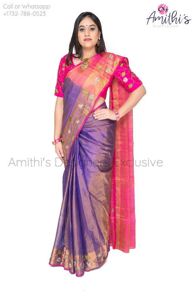 Hot Pink & Purple Combo Tissue Silk saree