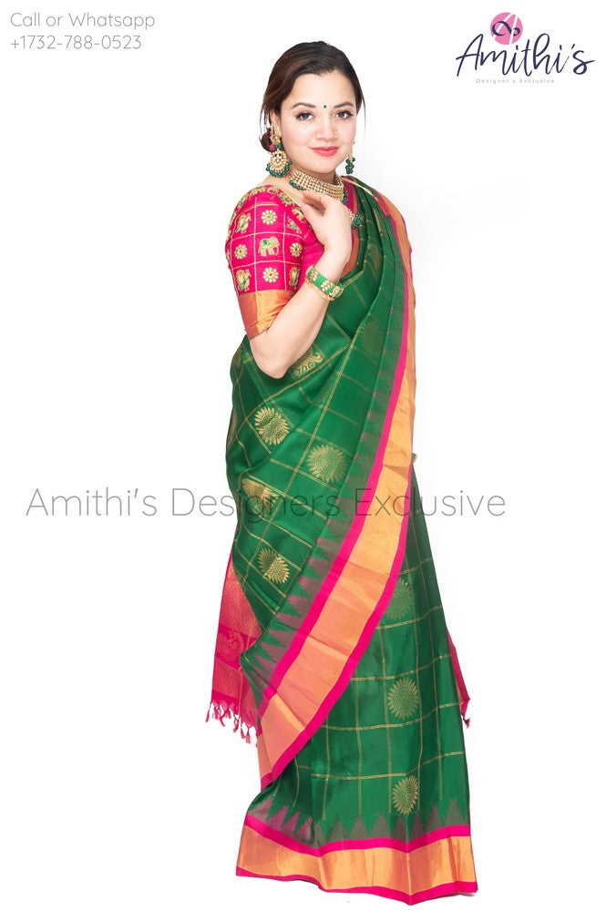 Bottle Green & Pink Color Combo Gadwal Traditional Silk Saree