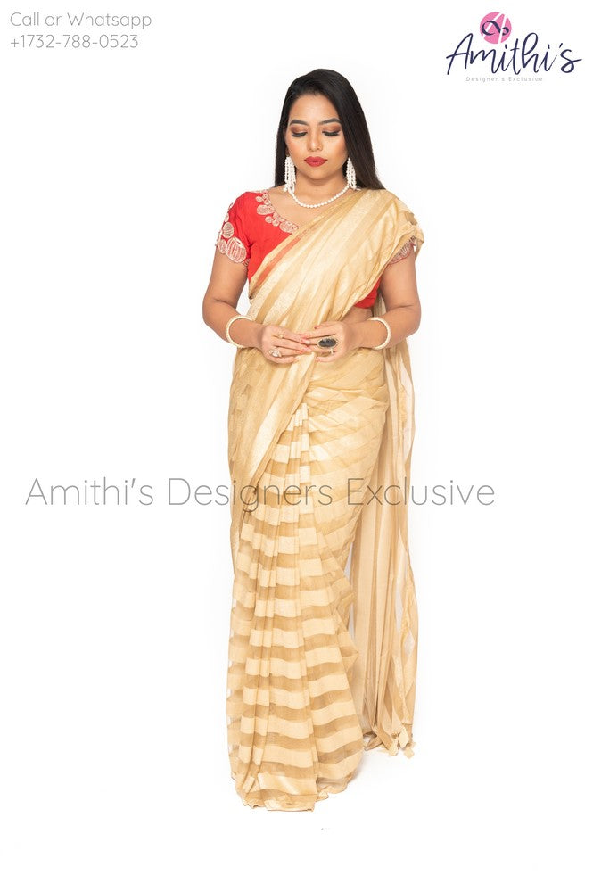 Gold & Red combo Shimmer Saree With Instrumental Work Blouse