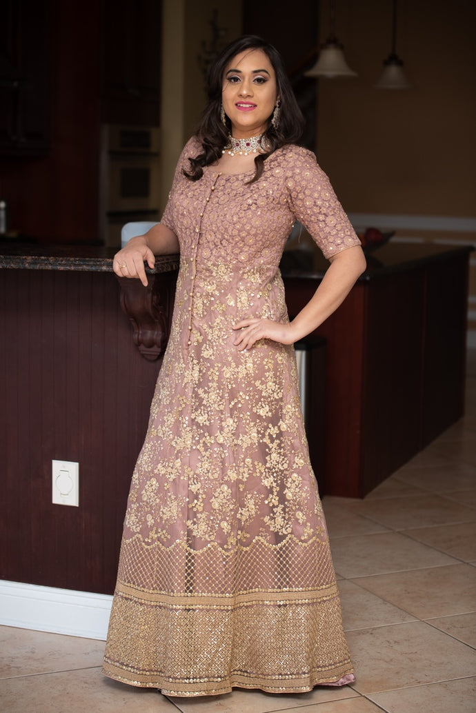 Designer Beige Long Frock with Heavy Embroidery Bollywood Style