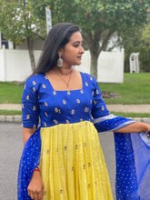 Load image into Gallery viewer, Yellow and blue combination long frock with blue Georgette Dupatta !
