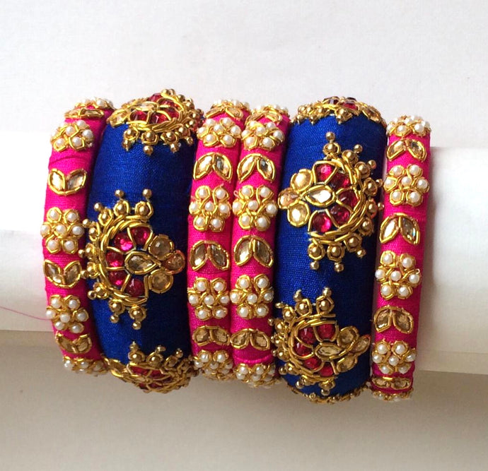 Pink & Blue Elephant Work Raw Silk Bangles Set
