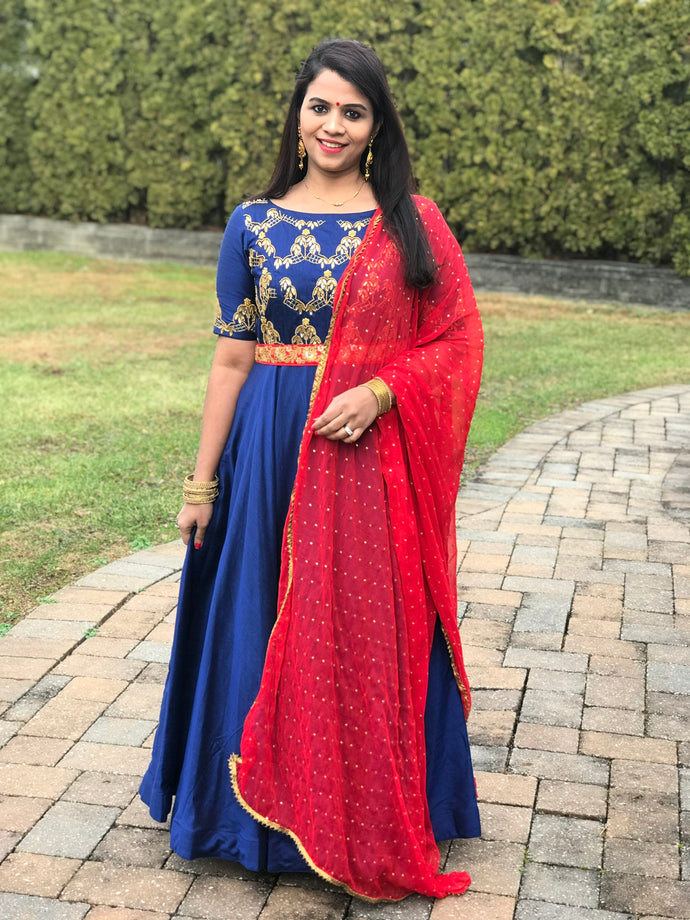 Navy blue pure raw silk work long dress AmithiFashions Navy blue pure raw silk work long dress AmithiFashions