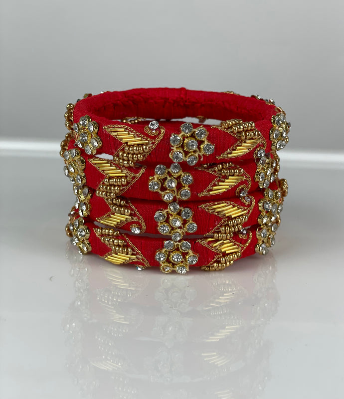 Red color Thin stone and pearl  Raw Silk Bangles Set of 4