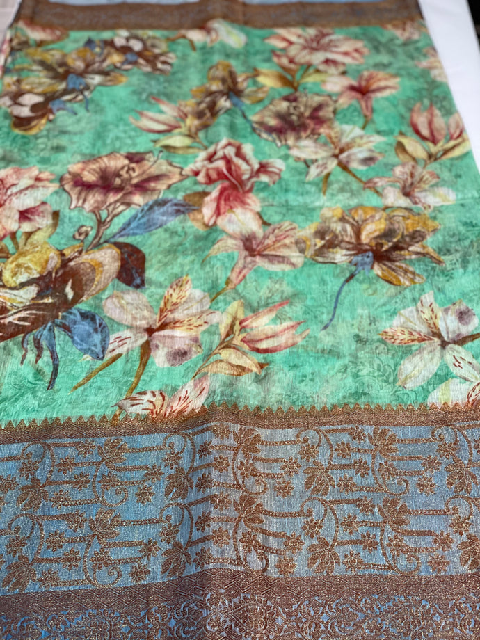 Blue Banaras linen saree with raw silk blouse