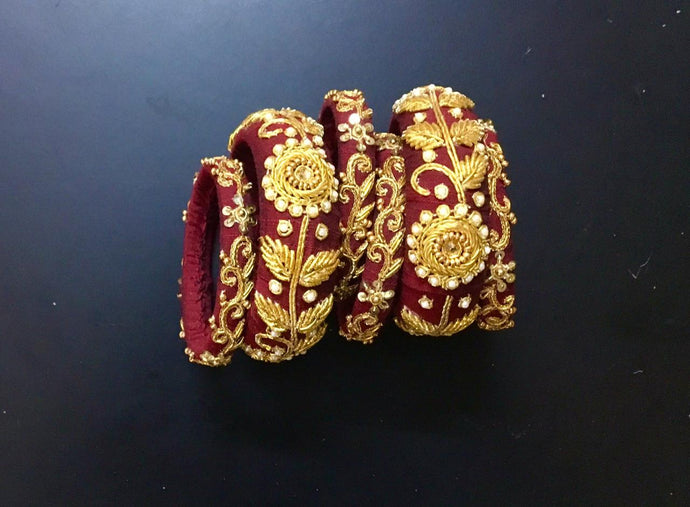 Maroon Color Zardosi Work Raw Silk Bangles Set