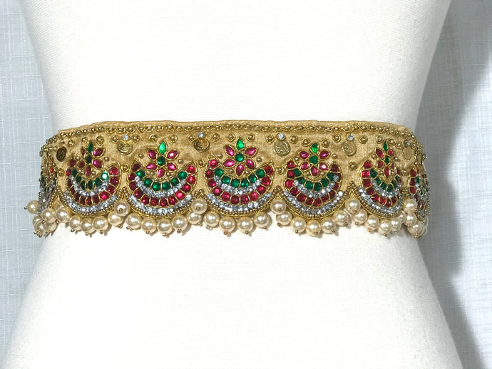 Gold Multi Color Kundan & Pearl Work Raw Silk Waist Belt