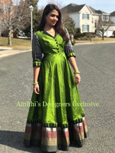 Load image into Gallery viewer, Bottle Green &amp; Black Pure Raw Silk Traditional Long Dress
