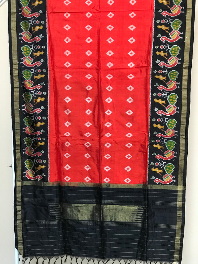 Orange & Black Pure Ikkat Silk Dupatta