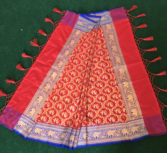 Red Color With Blue Border Pure Banaras Silk Dupatta
